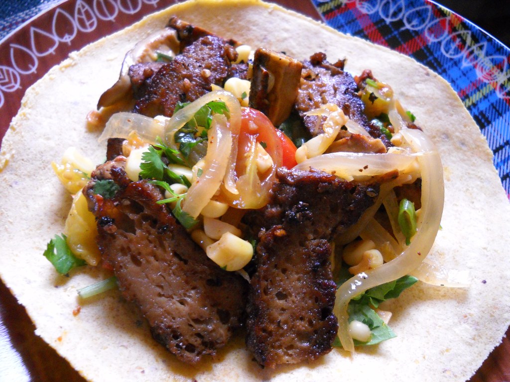 Coffee Rubbed "Steak" Tacos w/ Lobster Mushroom, Heirloom Cherry Tomato & Corn Salsa