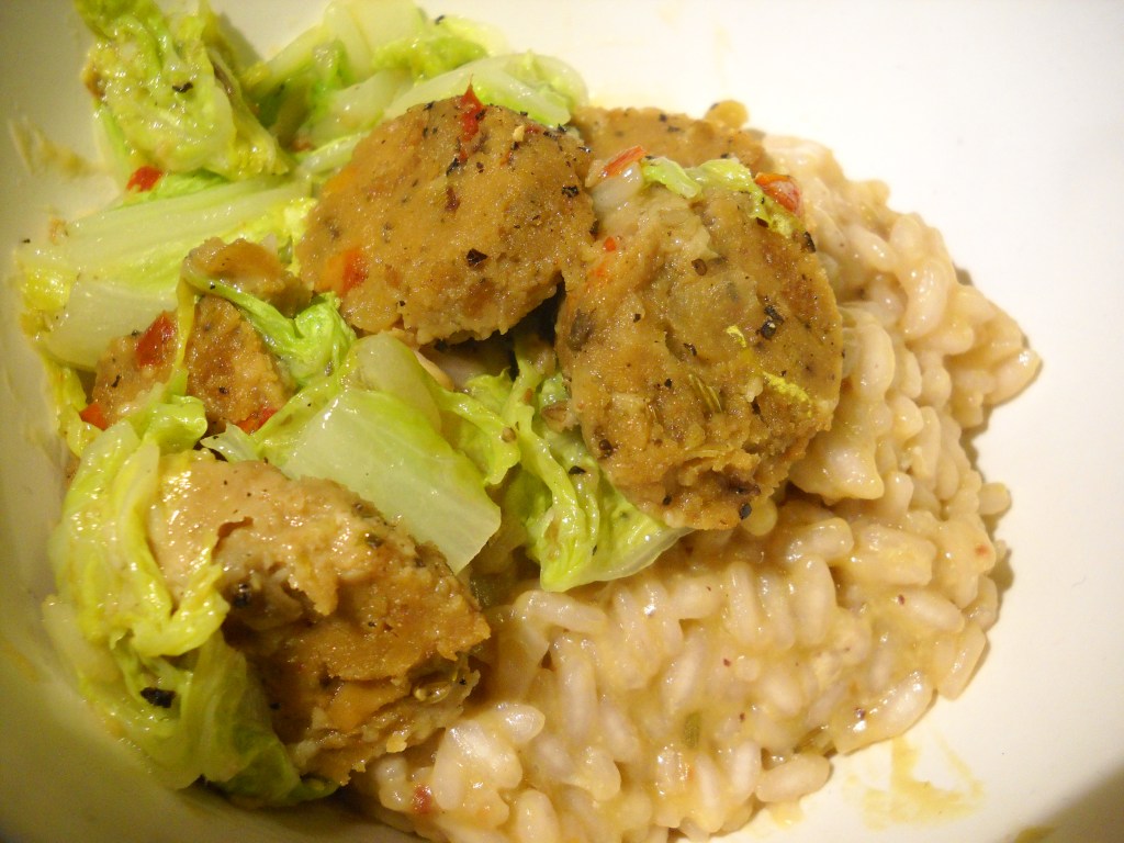 Lavender-Raspberry Risotto w/ Italian "Sausage" & Napa Cabbage.