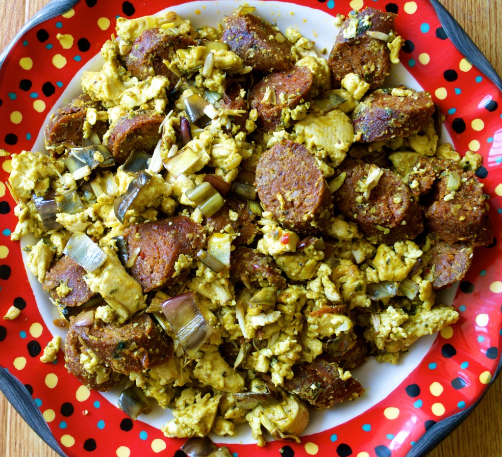 Tofu Scramble w/ Banana Blossoms and Field Roast Linguiça (Chipotle Field Roast Sausages rolled in Paprika, Garlic and Baked in Banana Leaves)