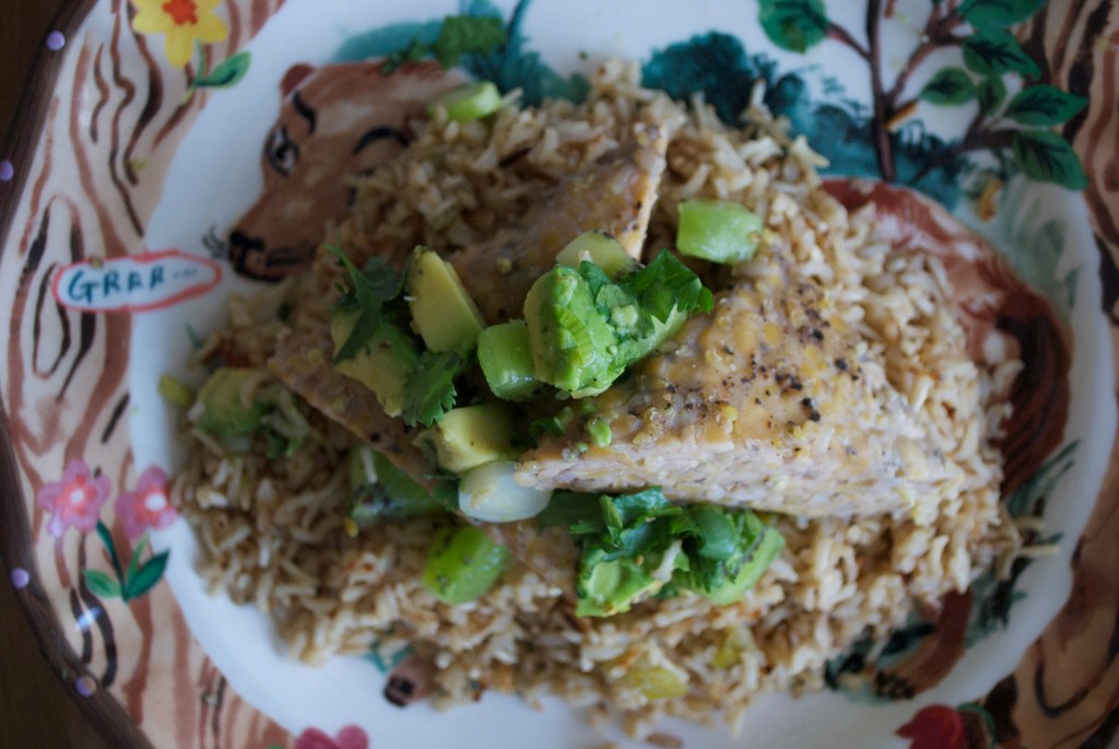 Coconut Steamed Tempeh w/ Kiwi-Avocado Salsa Fresca over Brown Basmati Rice