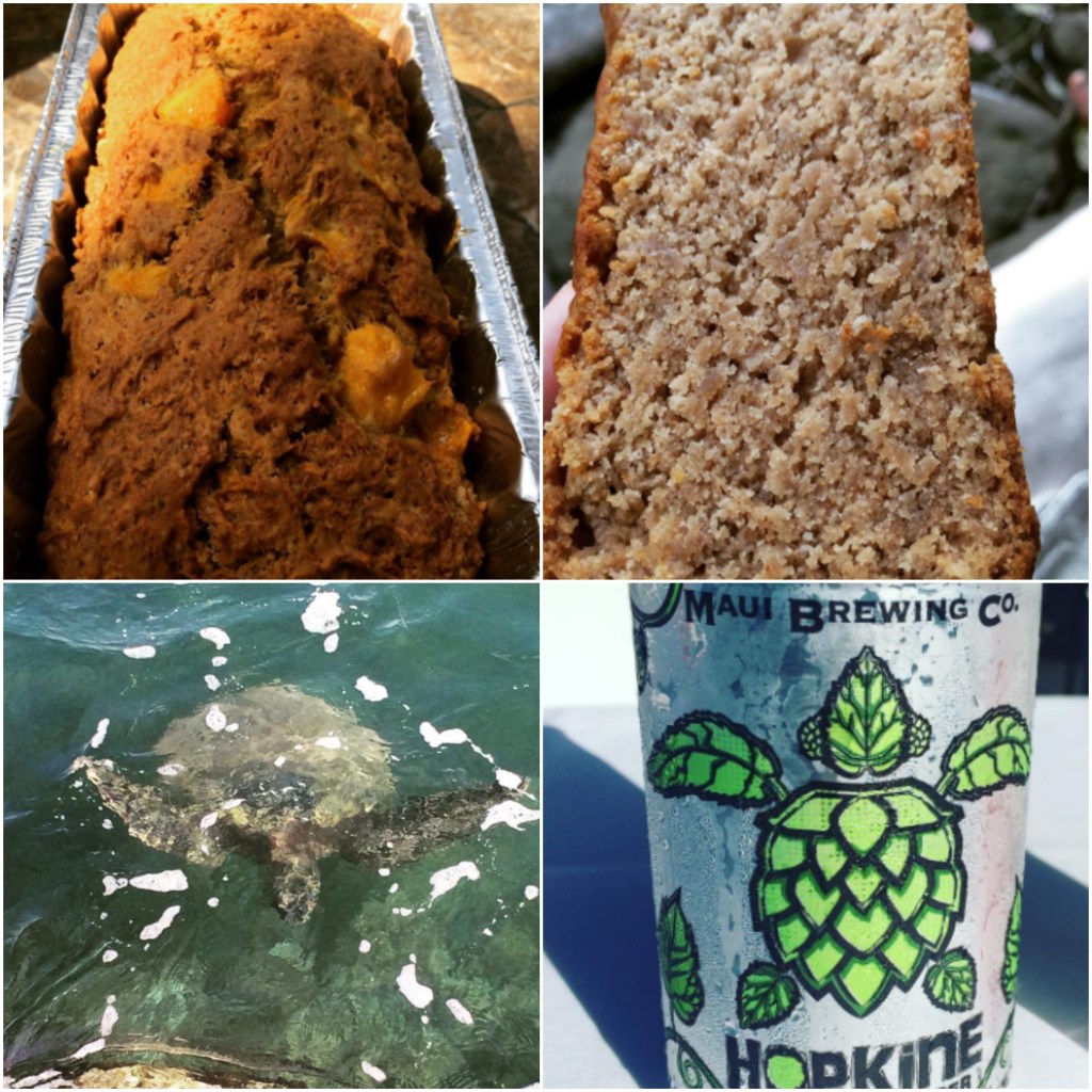 Upper left: Homemade (by me) Vegan Mango-Apple Banana bread. Upper Right: Homemade (by me) Vegan Guava Bread Bottom Left: Friendly Honu I was visiting with Bottom Right: Limited Release HopKine India Pale Ale from Maui Brewing Co. 